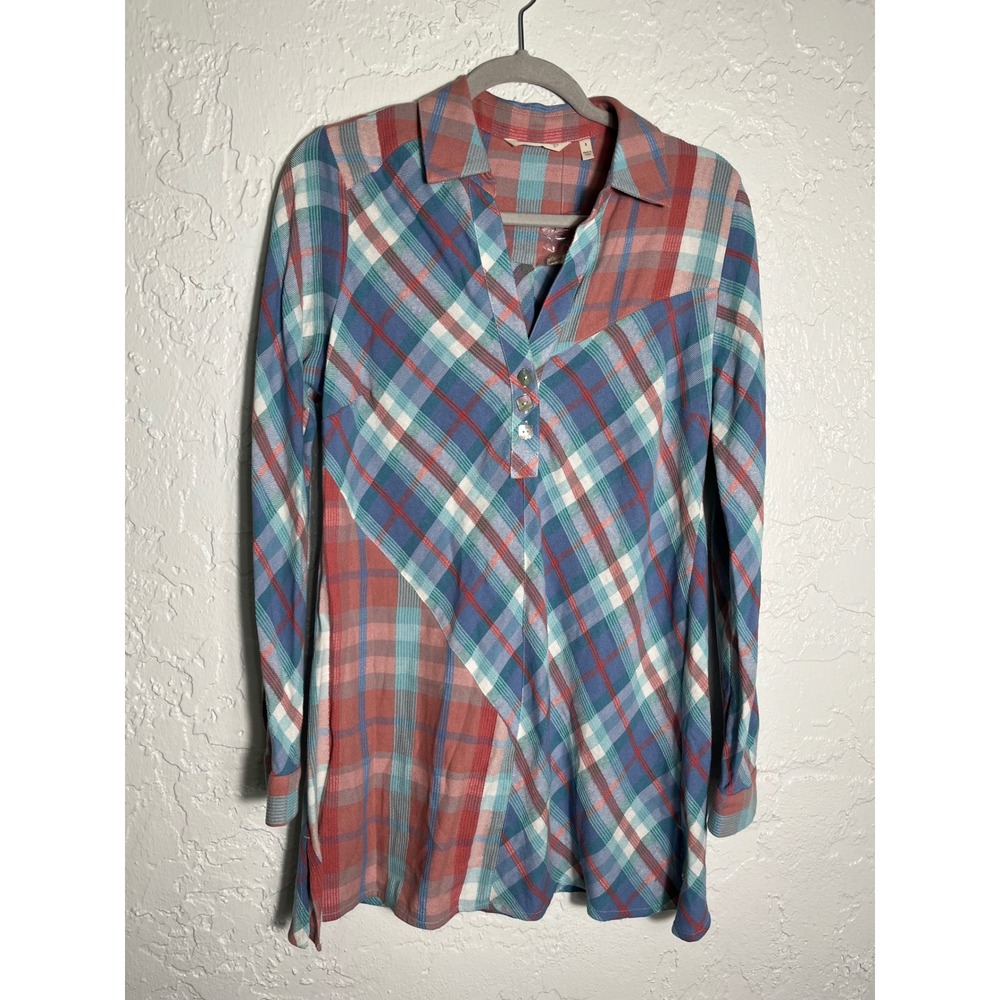 Soft Surroundings Plaid Tunic Top‎ Small Cotton Button Detail Boho Coastal
